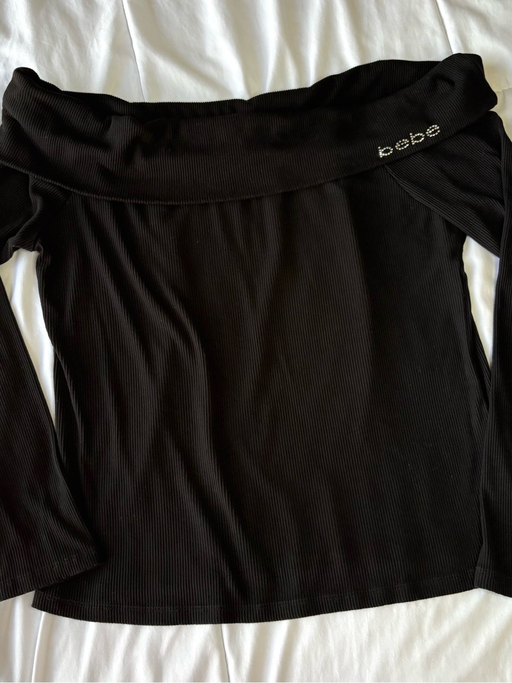 bebe Black Off-Shoulder Ribbed Long Sleeve Top with Logo Accent